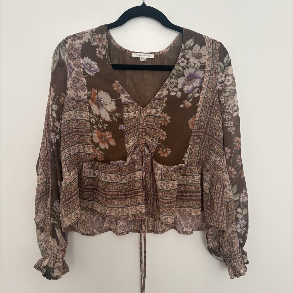American Eagle Long Sleeve Cropped Blouse Shirt Top Sz L Ruffles Fairy 90's Y2K